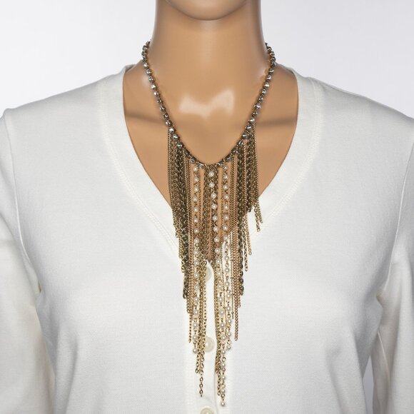 Faux Gold Toned Necklace‎ With Chains Faux Pearls And Faux Diamonds - Picture 1 of 10